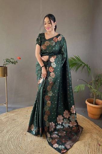 Green soft silk blend banarasi jacuard work designer saree with blouse