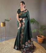 Green soft silk blend banarasi jacuard work designer saree with blouse
