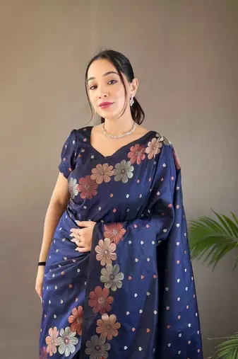 Dark blue soft silk blend banarasi jacuard work designer saree with blouse