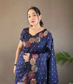 Dark blue soft silk blend banarasi jacuard work designer saree with blouse