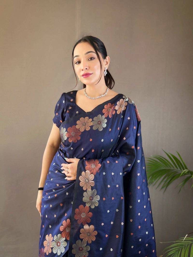 Dark blue soft silk blend banarasi jacuard work designer saree with blouse