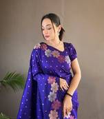 Dark blue soft silk blend banarasi jacuard work designer saree with blouse