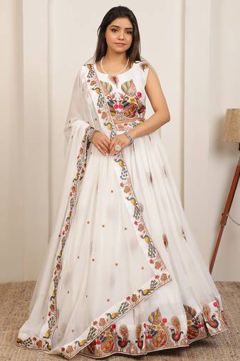 WHITE EMBROIDERY WORK GEORGETTE FABRIC PARTY WEAR LEHENGA CHOLI WITH DUPATTA.