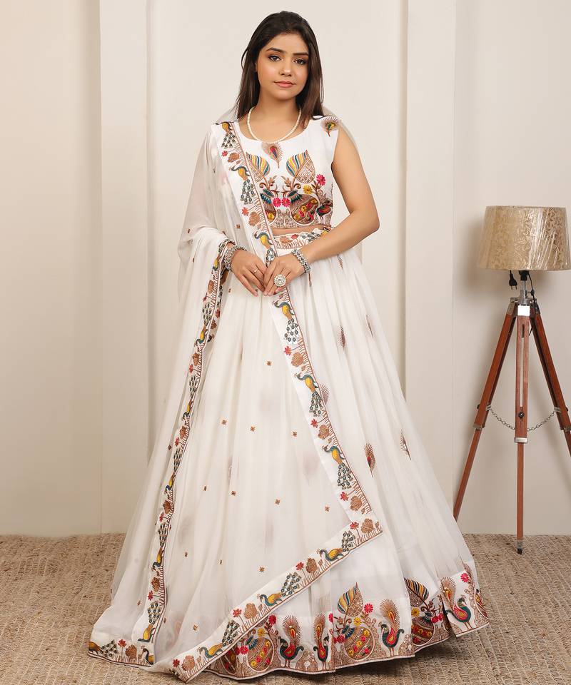 WHITE EMBROIDERY WORK GEORGETTE FABRIC PARTY WEAR LEHENGA CHOLI WITH DUPATTA.