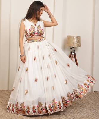 WHITE EMBROIDERY WORK GEORGETTE FABRIC PARTY WEAR LEHENGA CHOLI WITH DUPATTA. 2