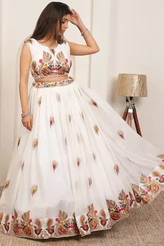 WHITE EMBROIDERY WORK GEORGETTE FABRIC PARTY WEAR LEHENGA CHOLI WITH DUPATTA.