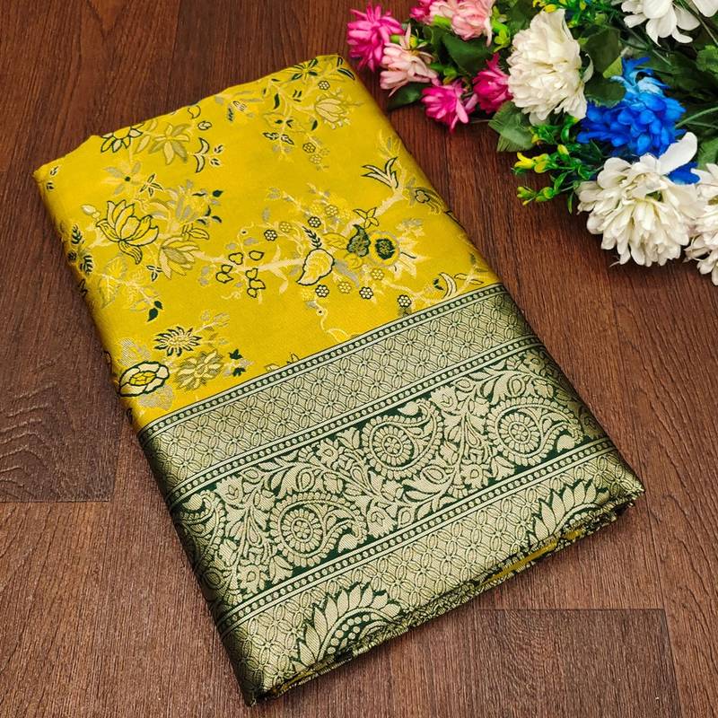 Mustard soft silk blend banarasi jacuard work designer saree with blouse