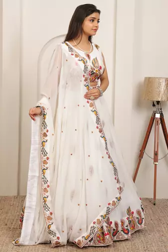 WHITE EMBROIDERY WORK GEORGETTE FABRIC PARTY WEAR LEHENGA CHOLI WITH DUPATTA.