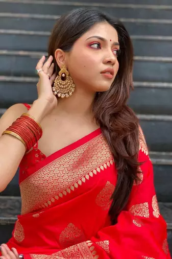 Red soft silk blend banarasi jacuard work designer saree with blouse