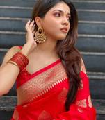Red soft silk blend banarasi jacuard work designer saree with blouse