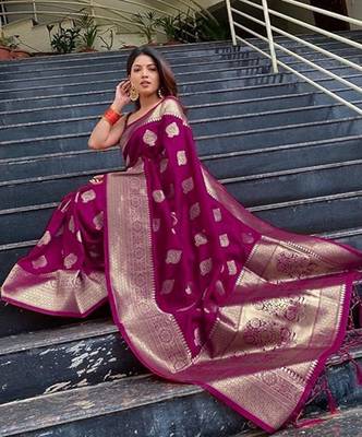 Wine silk blend banarasi jaquard designer saree with blouse 1