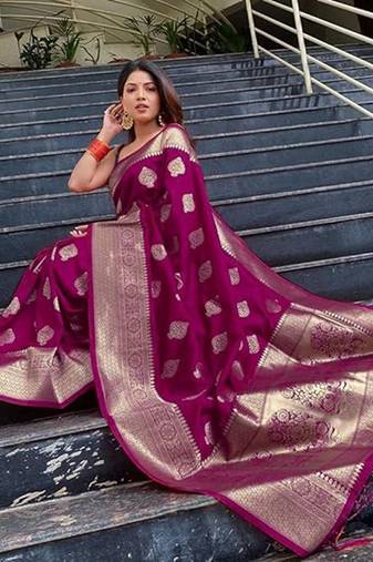Wine soft silk blend banarasi jacuard work designer saree with blouse
