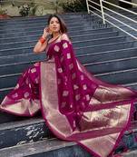 Wine soft silk blend banarasi jacuard work designer saree with blouse