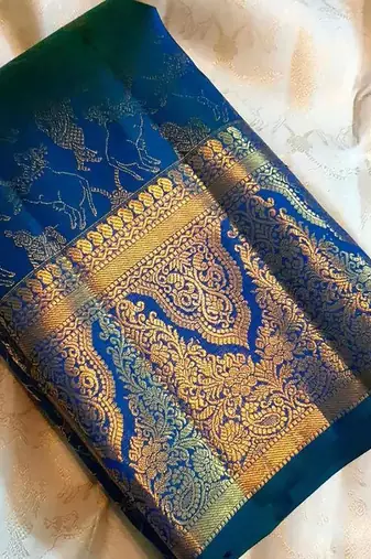 Blue soft silk blend banarasi jacuard work designer saree with blouse