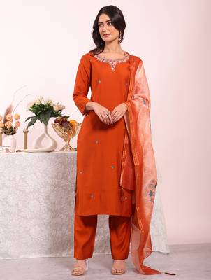 Rust color poly silk smart partywear kurta set 1