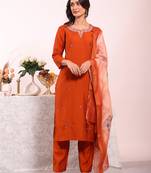 Rust color poly silk fabric smart ethnic partywear kurta set