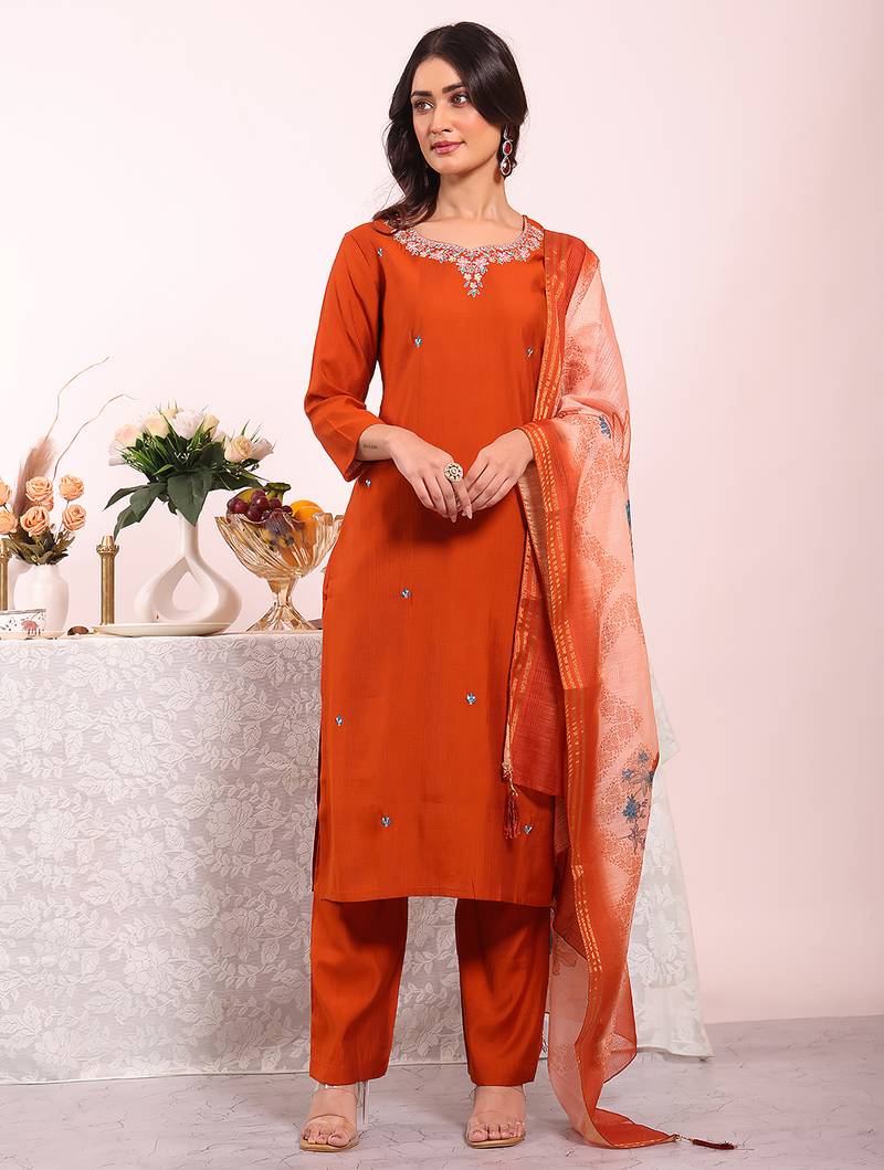 Rust color poly silk fabric smart ethnic partywear kurta set