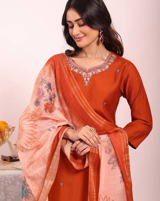 Rust color poly silk smart partywear kurta set 3