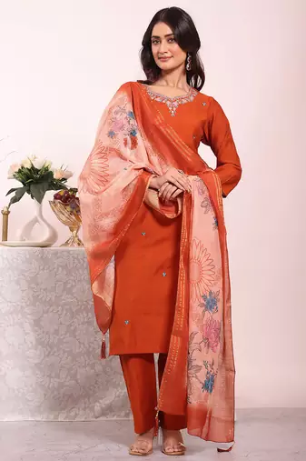 Rust color poly silk smart partywear kurta set