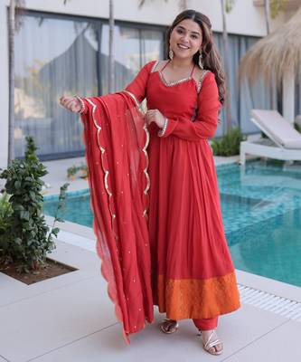 Rust color beautiful mul chanderi fabric stylish ceremonial attire 1