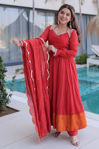 Rust color beautiful mul chanderi fabric stylish ceremonial attire