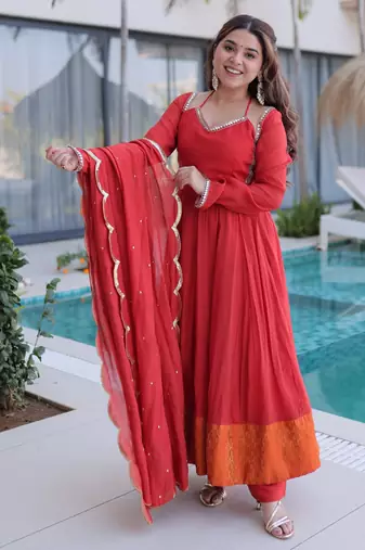 Rust color beautiful mul chanderi fabric stylish ceremonial attire