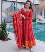 Rust color beautiful mul chanderi fabric stylish ceremonial attire
