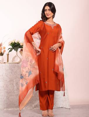 Rust color poly silk smart partywear kurta set 5