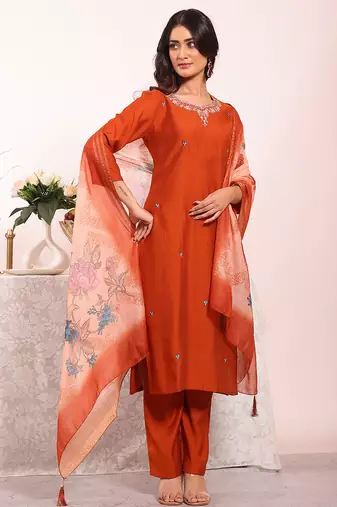 Rust color poly silk smart partywear kurta set