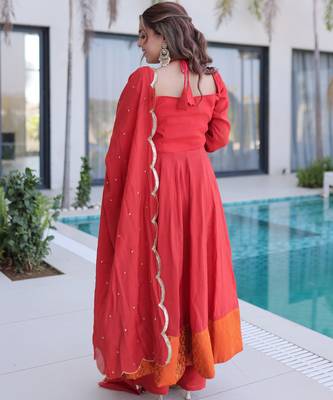 Rust color beautiful mul chanderi fabric stylish ceremonial attire 2