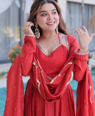 Rust color beautiful mul chanderi fabric stylish ceremonial attire 3