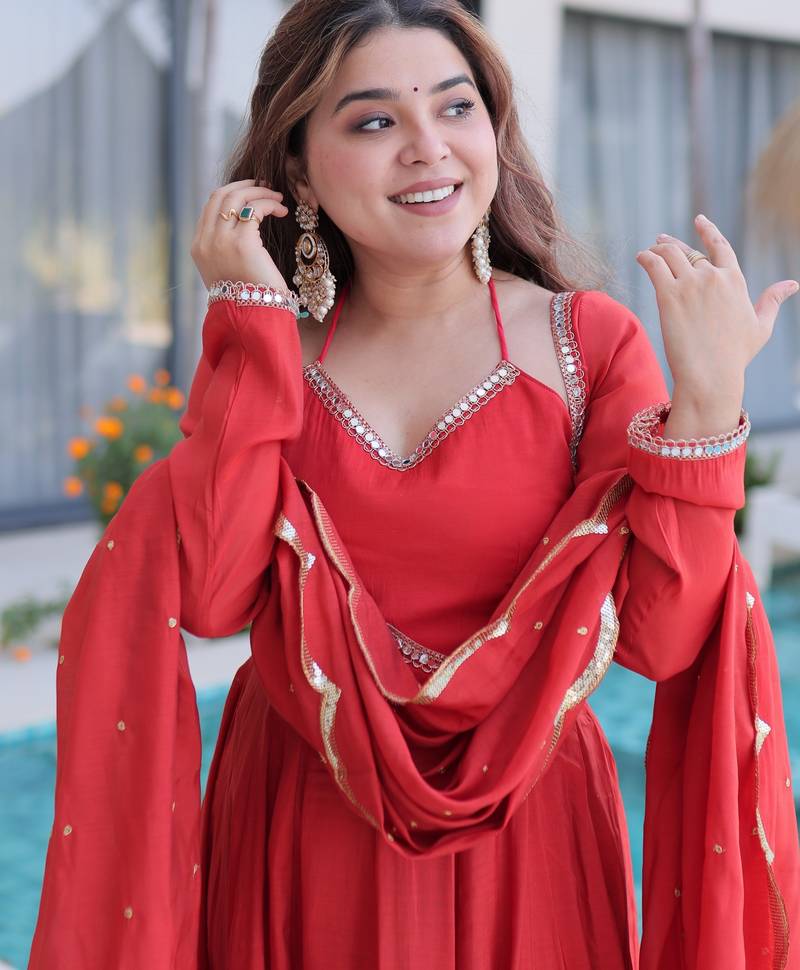 Rust color beautiful mul chanderi fabric stylish ceremonial attire