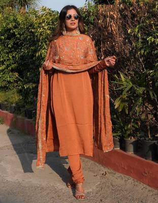 Rust color vichitra beautiful partywear dress for girls 2