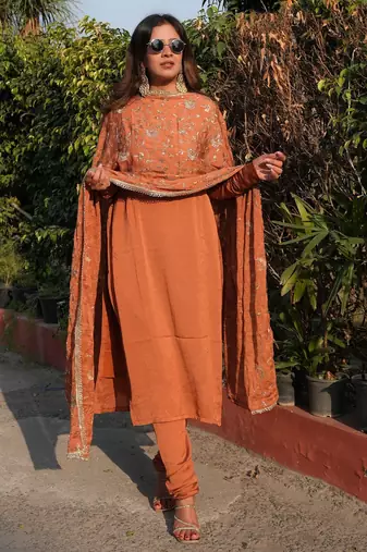 Rust color vichitra beautiful partywear dress for girls
