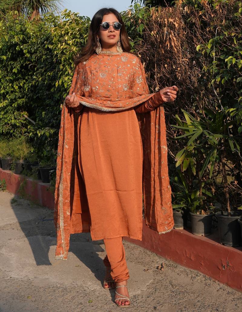 Rust color vichitra fabric beautiful partywear dress for girls