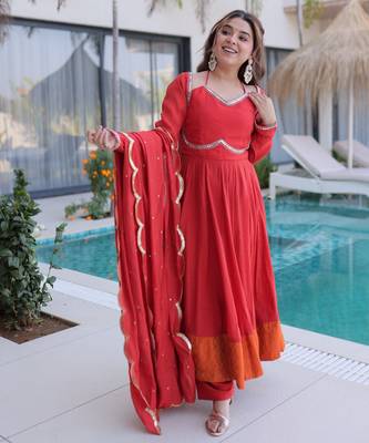 Rust color beautiful mul chanderi fabric stylish ceremonial attire 4