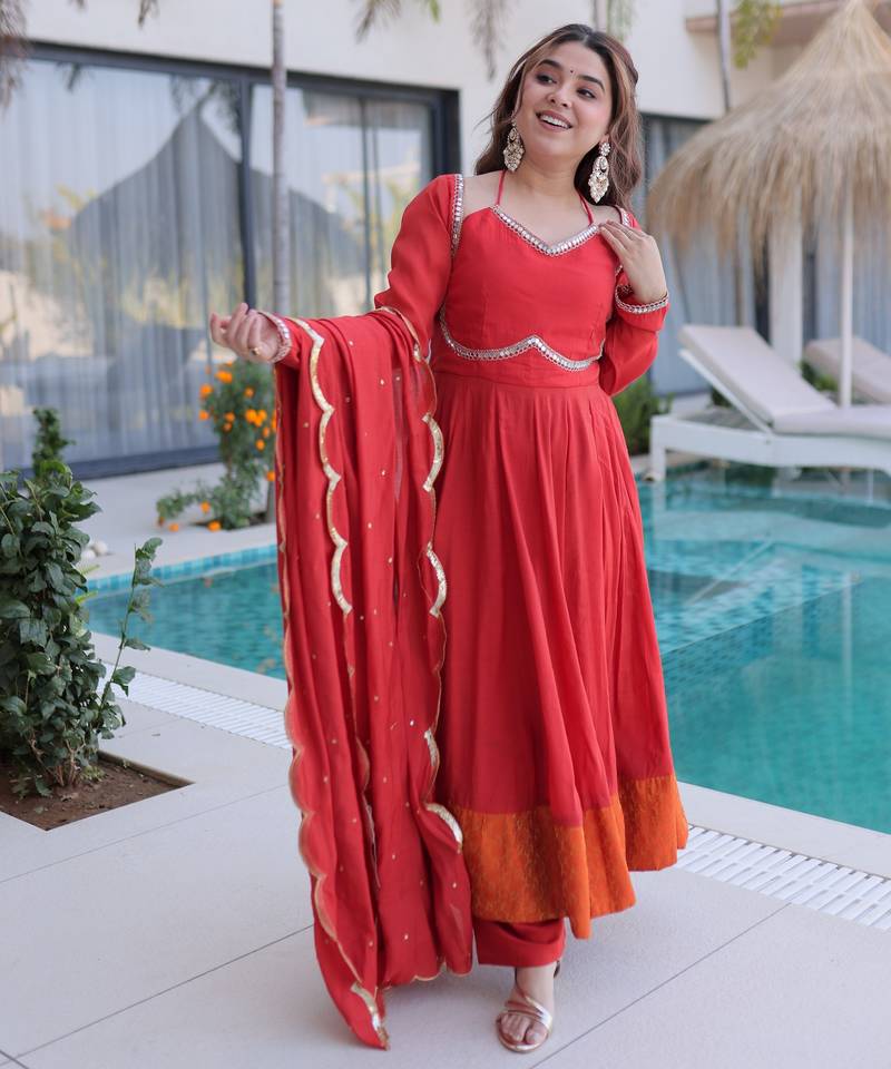 Rust color beautiful mul chanderi fabric stylish ceremonial attire