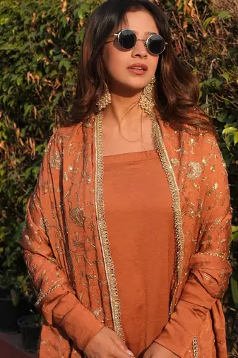 Rust color vichitra beautiful partywear dress for girls
