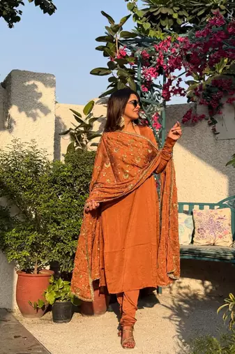 Rust color vichitra beautiful partywear dress for girls