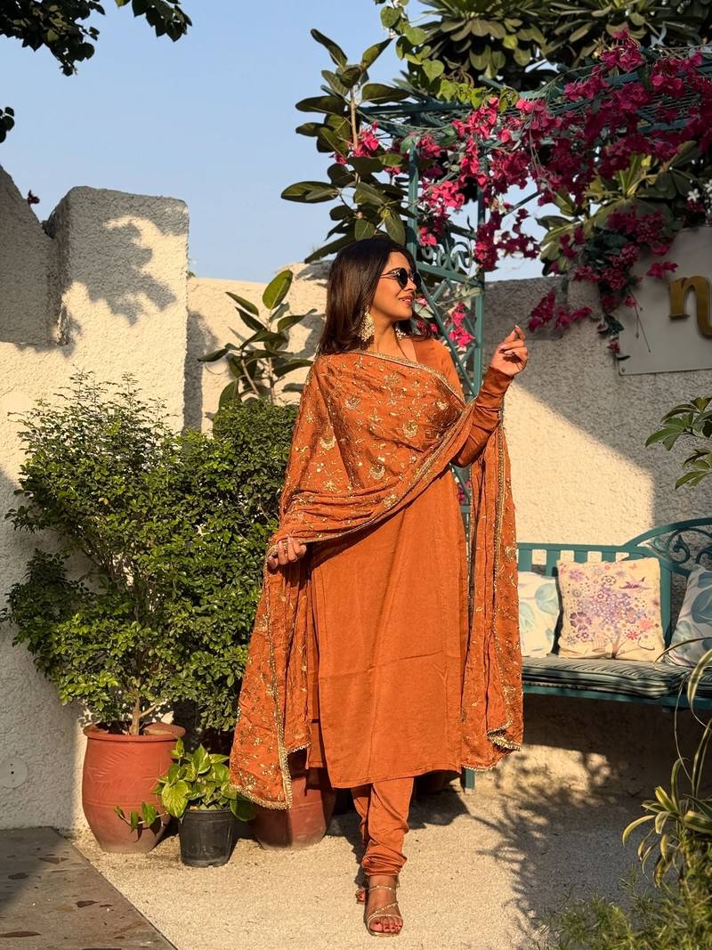 Rust color vichitra fabric beautiful partywear dress for girls