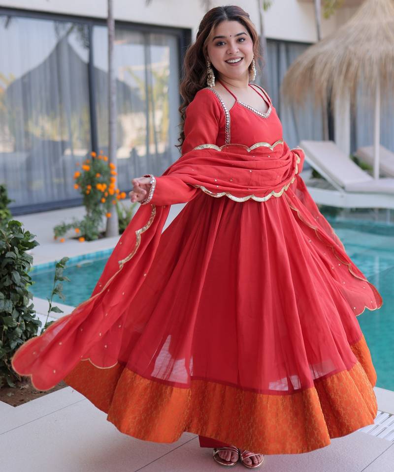 Rust color beautiful mul chanderi fabric stylish ceremonial attire