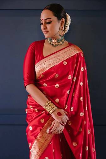 Red soft silk blend banarasi jacuard work designer saree with blouse