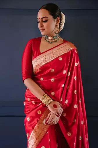 Red soft silk blend banarasi jacuard work designer saree with blouse