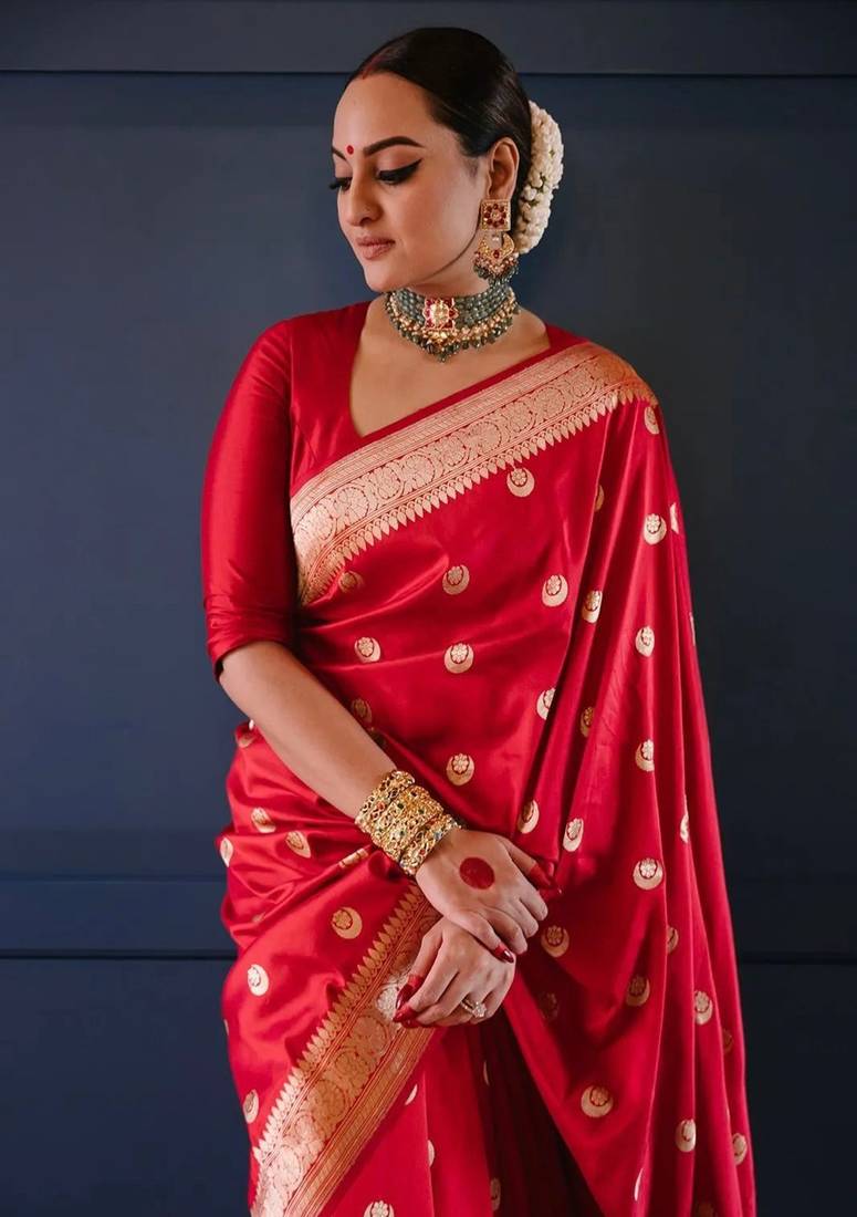 Red soft silk blend banarasi jacuard work designer saree with blouse