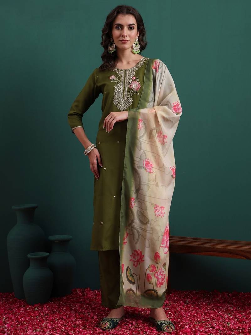Olive color beautiful ethnic suit for classy trendy girl