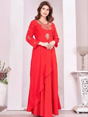 Red color beautiful embroidered ceremonial gown for classy looks 1