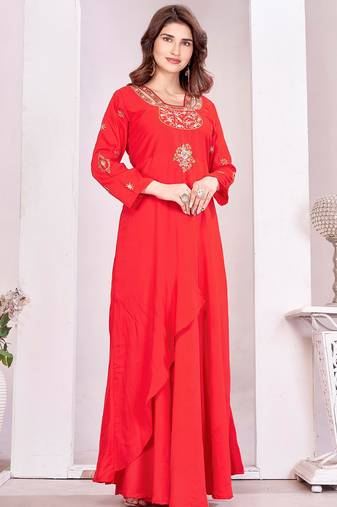 Red color beautiful embroidered ceremonial gown for classy looks