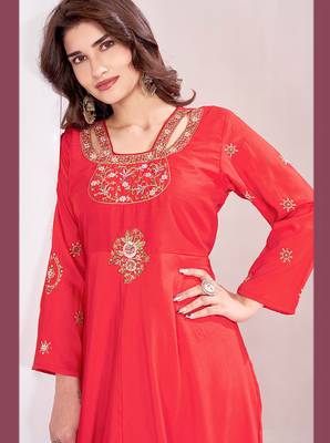 Red color beautiful embroidered ceremonial gown for classy looks 2