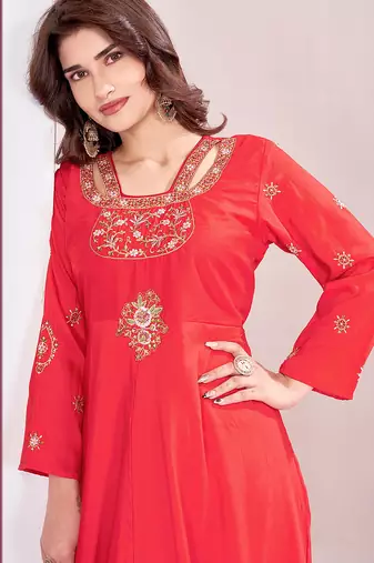 Red color beautiful embroidered ceremonial gown for classy looks