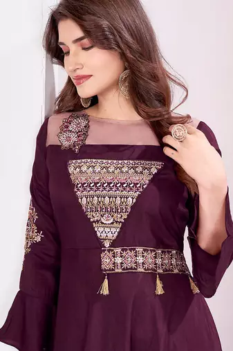 Wine color beautiful embroidered ceremonial gown for classy looks